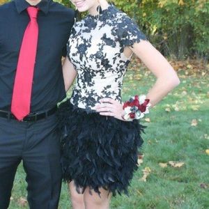 Lace, feather cocktail dress